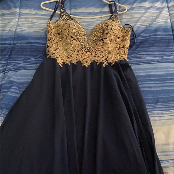 Long navy blue/gold prom dress. Size medium - Picture 2 of 2